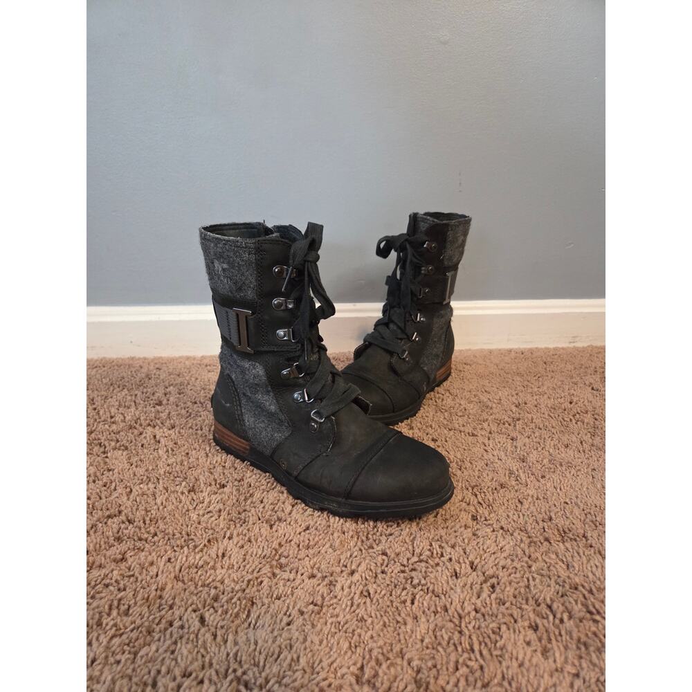 Sorel major carly moto lace up combat boots black grey  mid calf 7